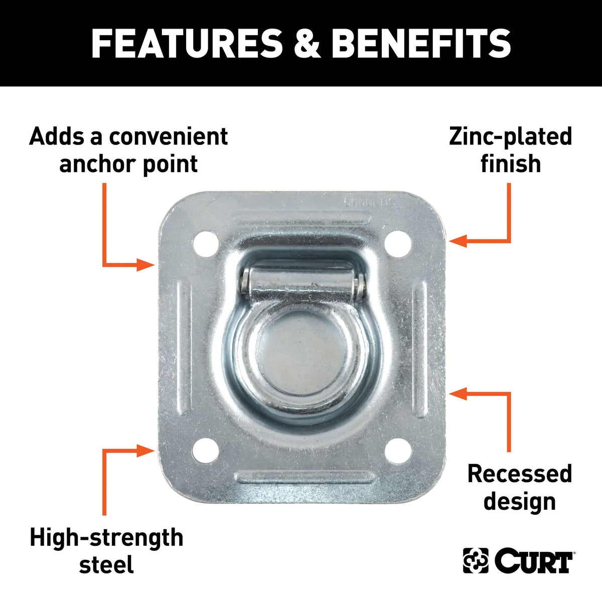 CURT 83600 1-1/2-in x 1-1/2-in Recessed Tie-Down Ring (5000-lb, Clear Zinc)