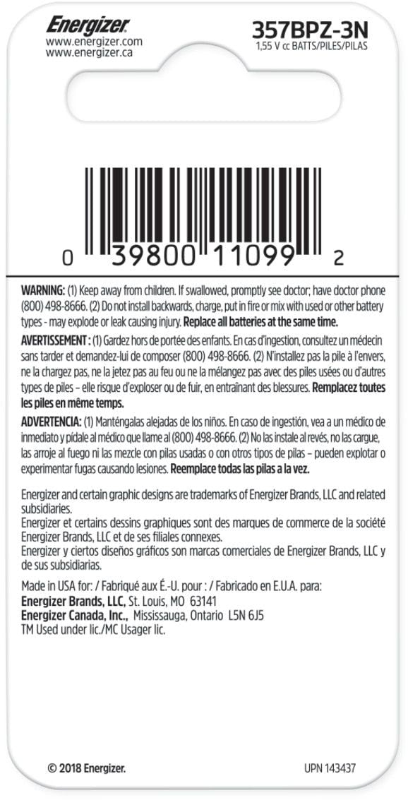 Energizer Silver Oxide 3-pk 357 LR44 AG13 303 A76 1.5V / 1.5 Volt Button Coin Cell Batteries