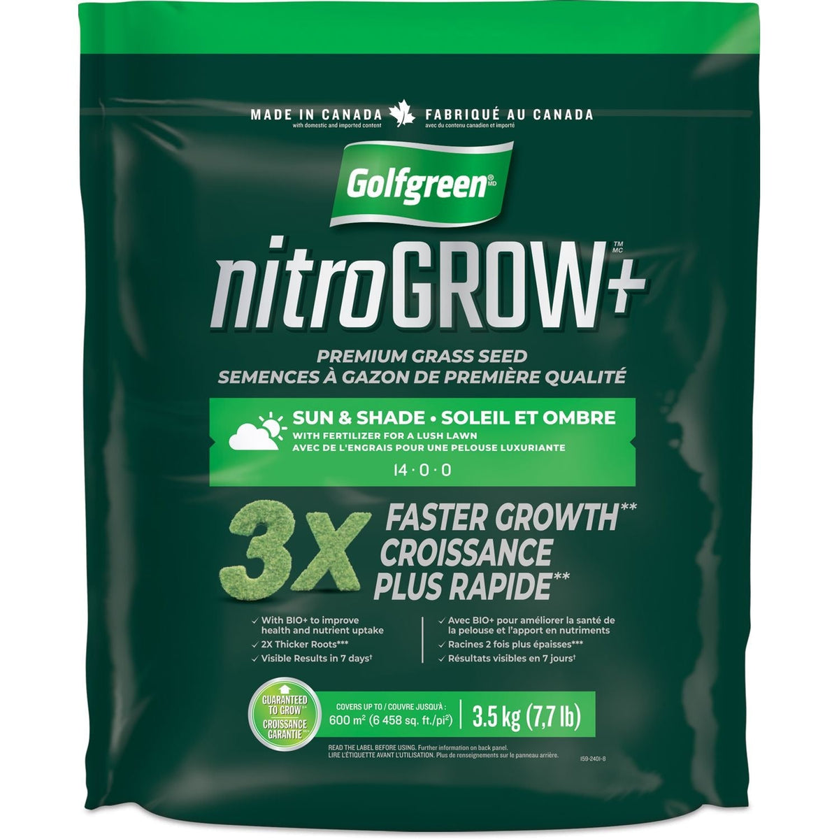 Golfgreen Nitrogrow+ Premium Nitrogen Enriched Sun and Shade Grass Seed with Fertilizer, 14-0-0, 3.5kg