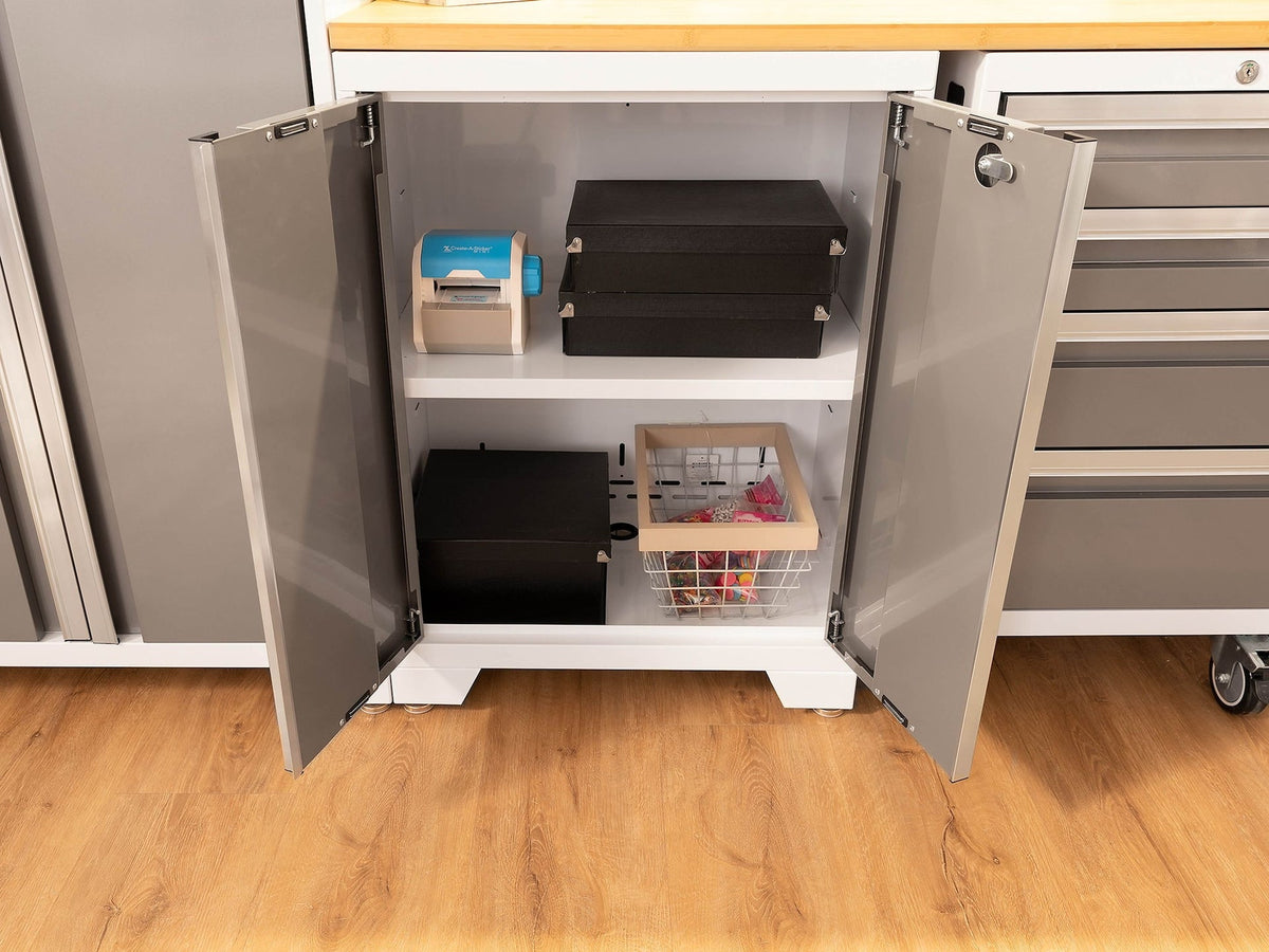 NewAge Bold 3.0 Series All-in-One Lockable Steel Garage Cabinetry Set with Bamboo Top, White/Platinum, 48-in x 18-in x 76.75-in, 5-pc