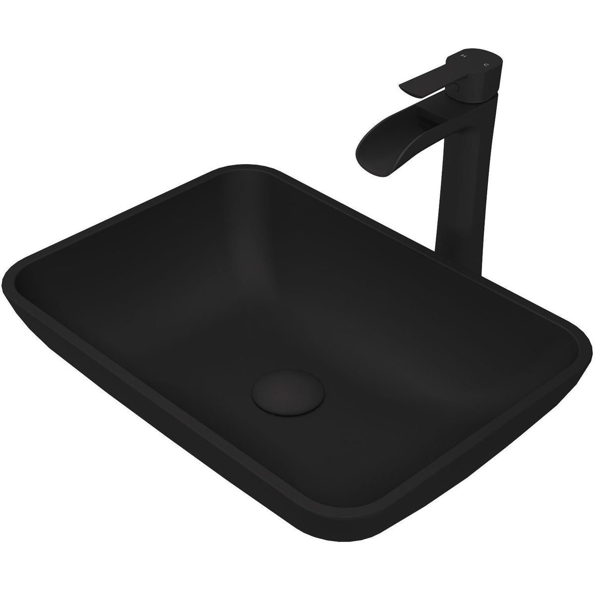 VIGO Sottile MatteShell Matte Black Bathroom Sink/Basin Set with Niko Faucet and Glass Rectangular Vessel
