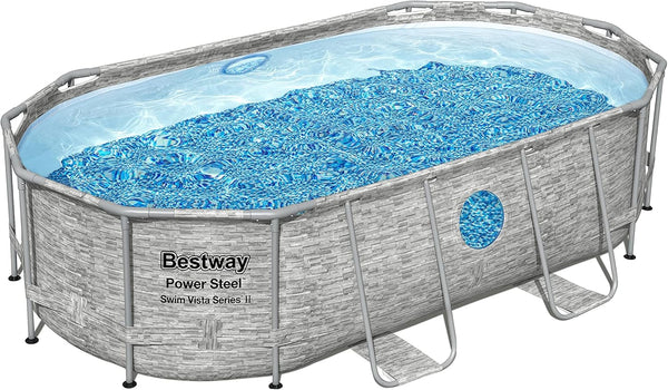The robust steel swimming pool "Horizon Series II" - a 14 feet x 8 feet 2 inches x 39.5 inches outdoor above-ground pool package, equipped with a 530 liter/minute filtration pump, ladder and pool cover. K0