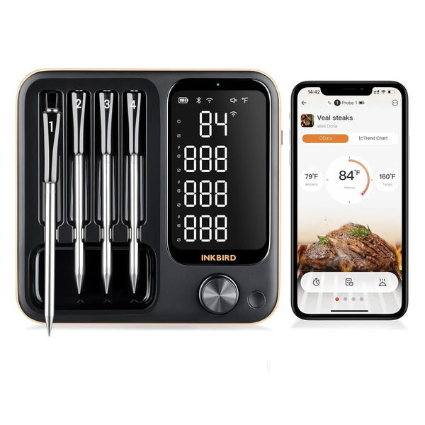 True wireless meat thermometer, equipped with 4 probes, Bluetooth meat thermometer, with backlit LCD display, Wi-Fi-enabled smart food thermometer, rechargeable, suitable for barbecue grills, charcoal grills, ovens, and rotating barbecue racks. G1