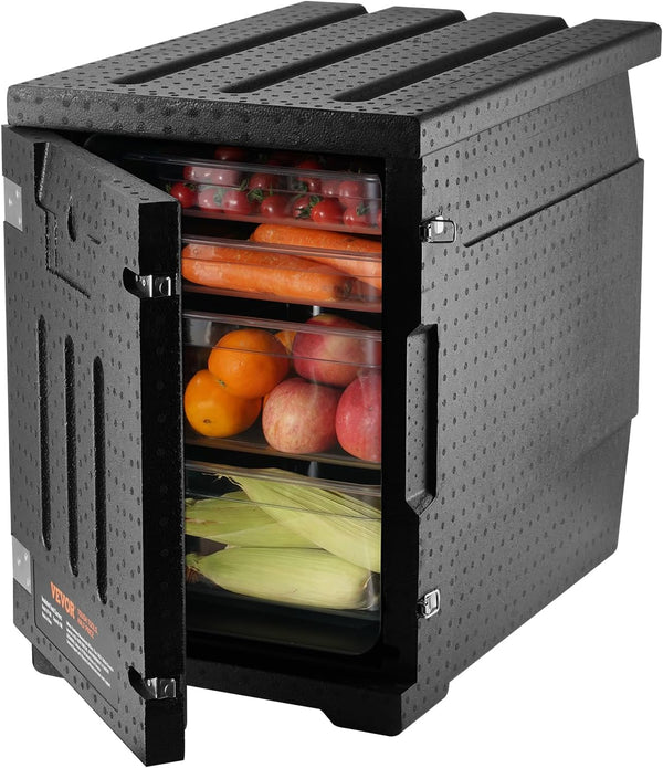 Food tray transportation box, 95-gallon insulated box for the catering industry, LLDPE food tray box with double clasps, front-mounted food heater with handle, suitable for stacking end loaders in restaurants, canteens, etc. black K2