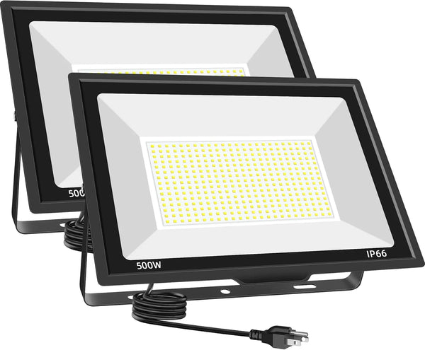 500W LED Flood Light Outdoor 2 Pack, 2000W Equivalent FloodLight with Plug, Super Bright 55000LM 5000K Daylight White IP66 Waterproof Commercial Lighting for Sports Fields,Courts,Arena,Stadium I5