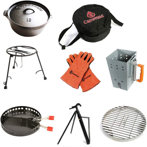Outdoor Cooking Set - Dutch Oven and Tools Set - Charcoal Holder & Cast Iron Grill Accessories - Camping Grill Set - Outdoor Cooking Essentials - Camp Kitchen Equipment - (8 Piece Set) G5