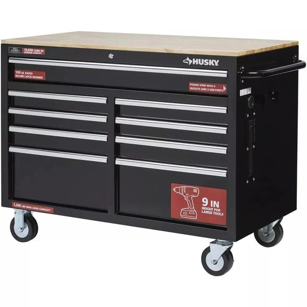 46 in. W x 24 in. D 9-Drawer Gloss Black Deep Tool Chest Mobile Workbench O9