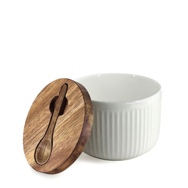 BIA Porcelain Salt/Herb Keeper with Spoon & Acacia Lid, Dishwasher Safe T0