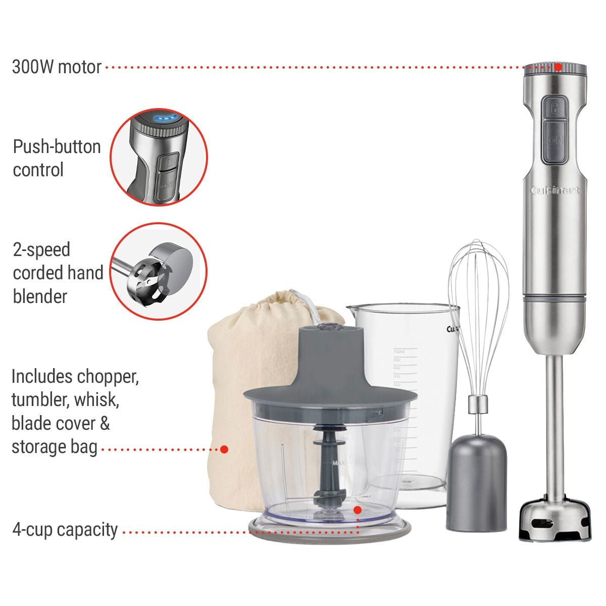 Cuisinart SmartStick 2-Speed Corded Hand Blender with Chopper & Whisk Attachments, Stainless Steel