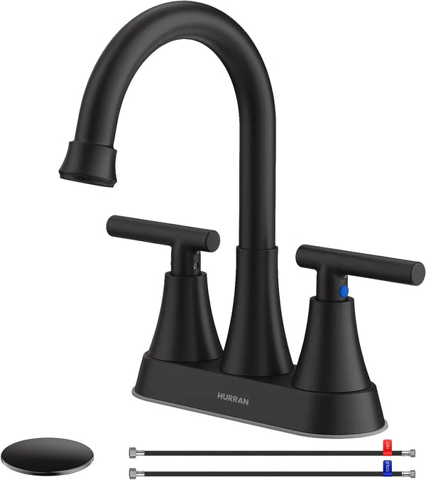 Bathroom Faucets for Sink 3 Hole, Hurran 4 inch Matte Black Bathroom Sink Faucet with Pop-up Drain Y0