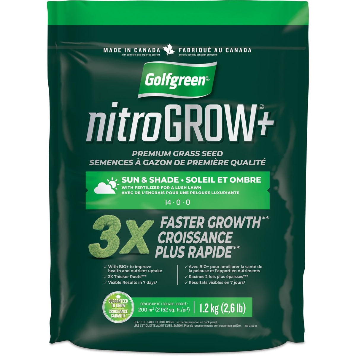 Golfgreen Nitrogrow+ Premium Nitrogen Enriched Sun and Shade Grass Seed with Fertilizer, 14-0-0, 1.2kg