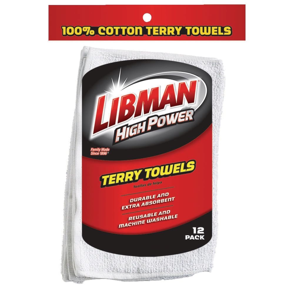 Libman Heavy Duty All-Purpose Machine Washable 100% Cotton Terry Towels, White, 12-pk
