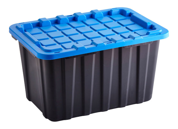Mastercraft Heavy Duty Stackable Storage Box with Lid, 102-L, Black/Blue Y7