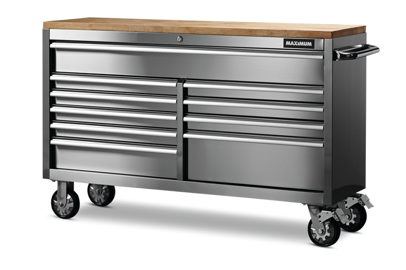 MAXIMUM Butcher Block Top Rolling Tool Storage Cabinet with 10 Drawers, Stainless Steel, 56-in J8