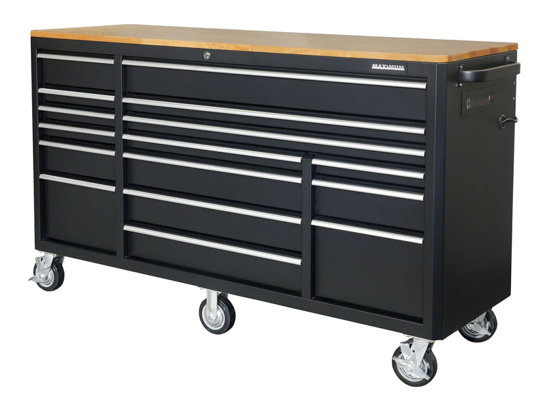MAXIMUM Tool Cabinet with Wood Top and 4-Outlet Power Strip, Black, 74x24-in I1