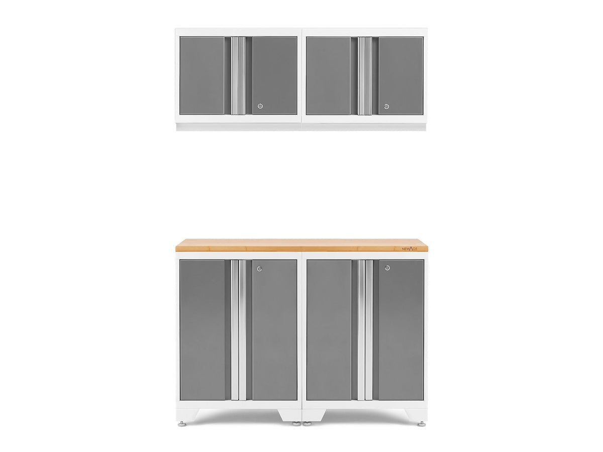 NewAge Bold 3.0 Series All-in-One Lockable Steel Garage Cabinetry Set with Bamboo Top, White/Platinum, 48-in x 18-in x 76.75-in, 5-pc