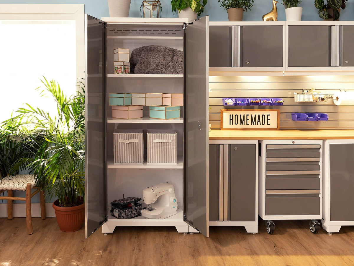 NewAge Bold 3.0 Series All-in-One Lockable Steel Garage Cabinetry Set with Bamboo Top, White/Platinum, 48-in x 18-in x 76.75-in, 5-pc