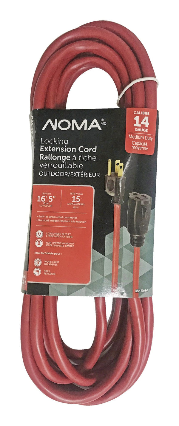NOMA 16-ft 5-in 14/3 Outdoor Extension Cord with Grounded Outlet and Locking Connector, Red P6