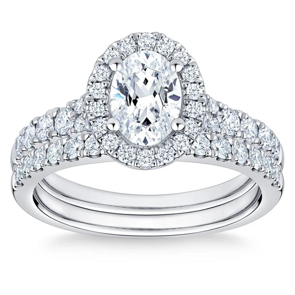 Oval Cut and Round Brilliant Diamond Halo Wedding Set (1.85 ctw) H0