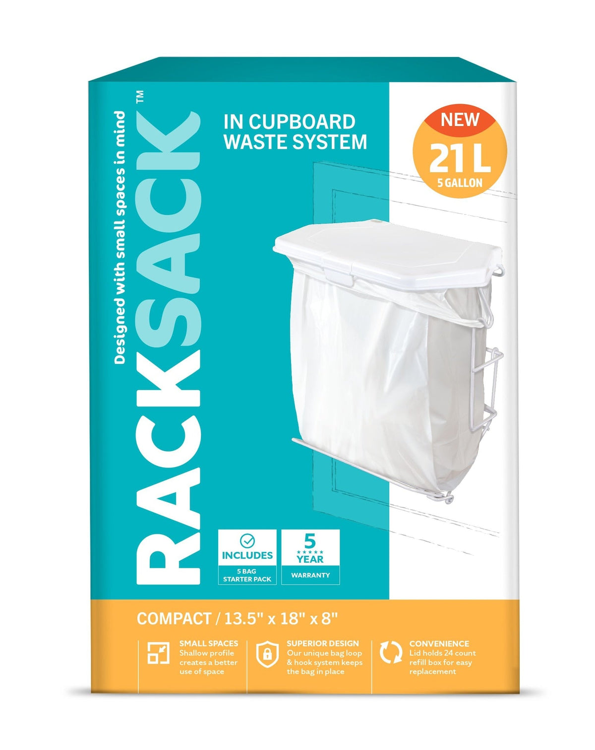 Rack Sack Expandable Kitchen Garbage Bag Holder, Fits 15-L or 21-L bags, Includes 5 bags