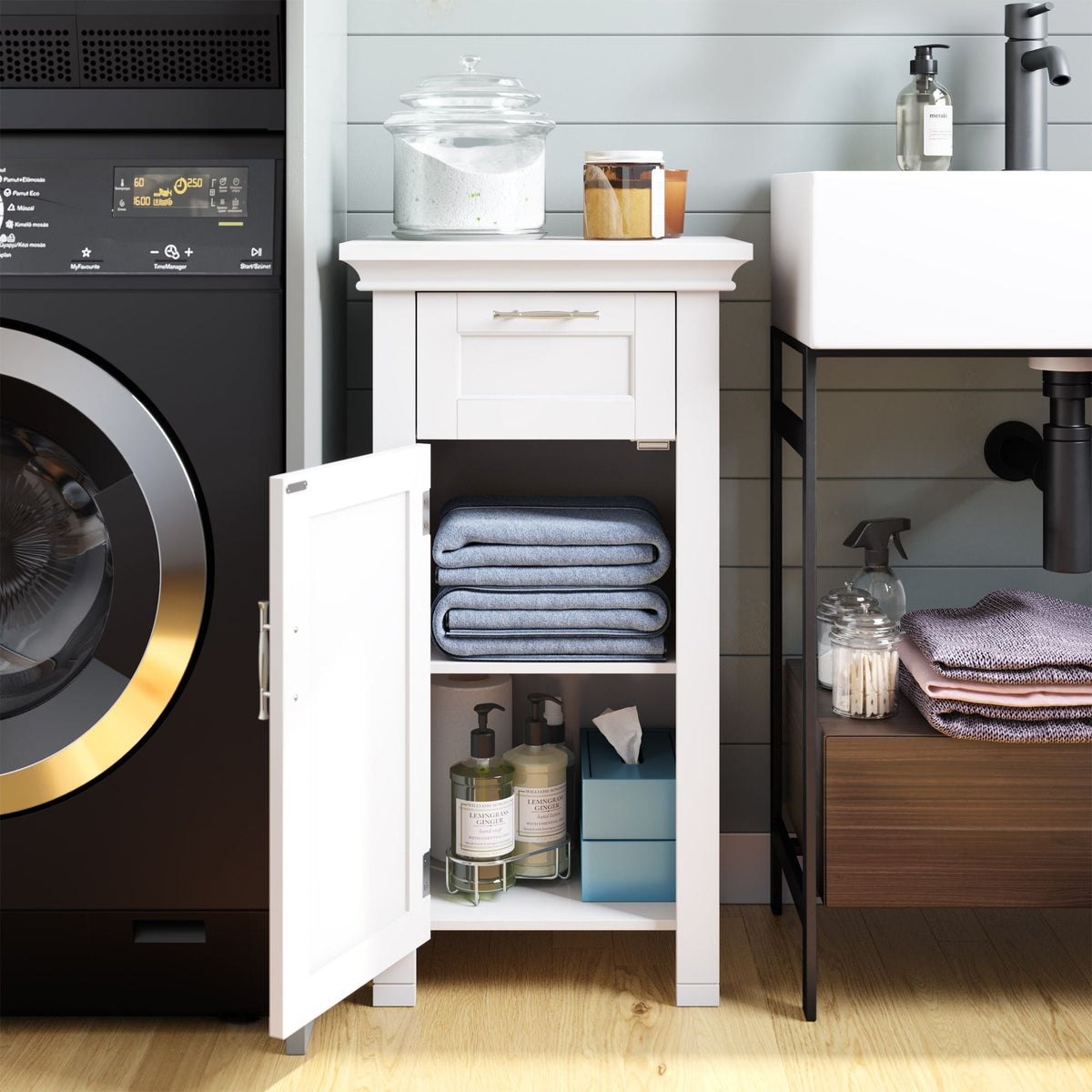 RiverRidge Home Somerset Single Door Bathroom & Laundry Storage Cabinet with Drawer & Adjustable Shelf, White