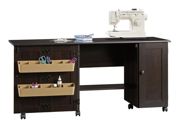 Sauder Folding Sewing & Craft Table/Storage Cart with Locking Wheels, Cinnamon Cherry Finish H9