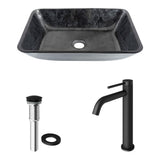 VIGO Glass Grey Onyx Bathroom Sink/Basin Set with Matte Black Lexington Faucet and Rectangular Vessel