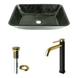 VIGO Glass Grey Onyx Bathroom Sink/Basin Set with Matte Gold Lexington Faucet and Rectangular Vessel