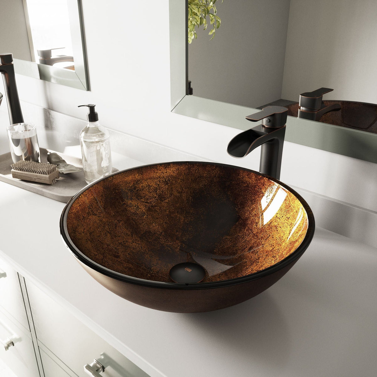 VIGO Round Glass Vessel Bathroom Sink/Basin with Deep Bowl, Russet