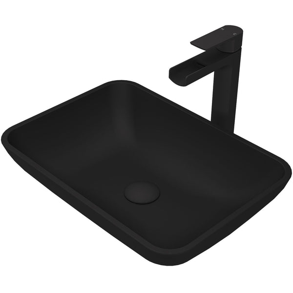 VIGO Sottile MatteShell Blue Bathroom Sink/Basin Set with Amada Faucet and Glass Rectangular Vessel V2