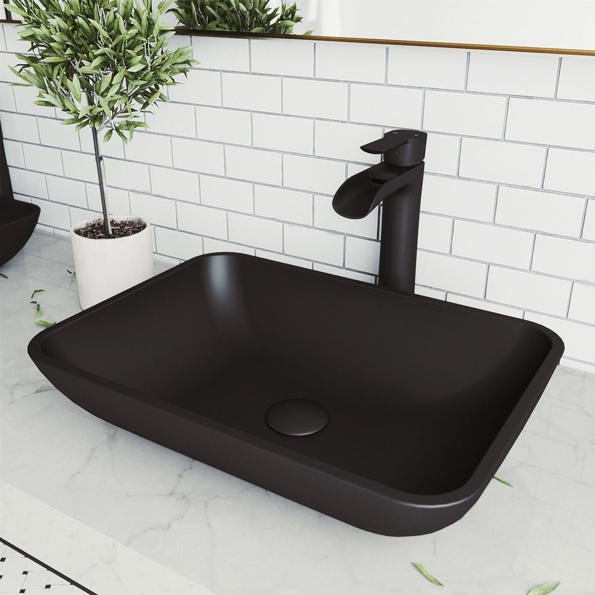 VIGO Sottile MatteShell Matte Black Bathroom Sink/Basin Set with Niko Faucet and Glass Rectangular Vessel
